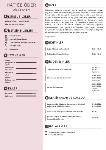 Beslenme Uzmanı Diyetisyen CV Örnekleri cv indir